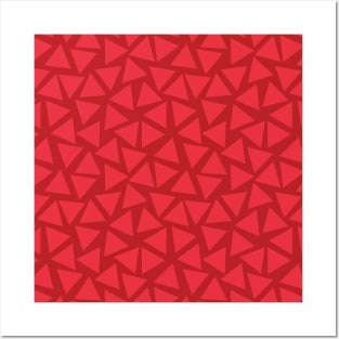 Red triangles randomly placed. Scattered light red triangles on a dark red background. Geometric pattern. Posters and Art